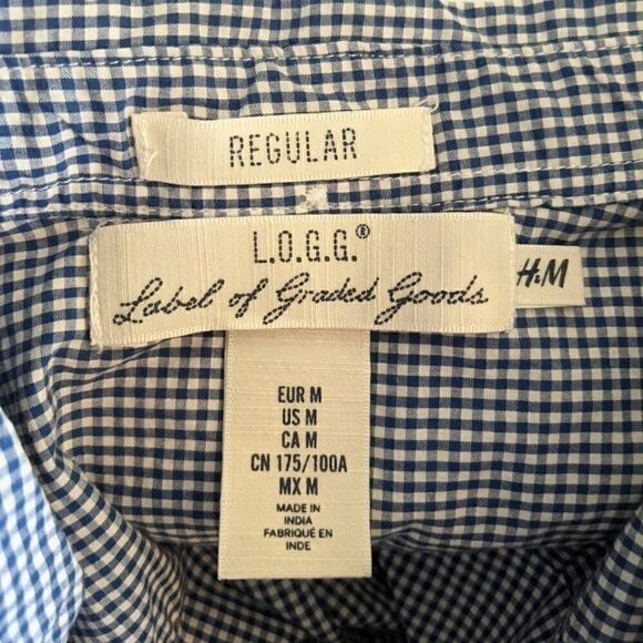 H&M L.O.G.G. MENS SIZE MED  BLUE & WHITE  CHECK LONG SLEEVE BUTTON DOWN SHIRT - Picture 4 of 11